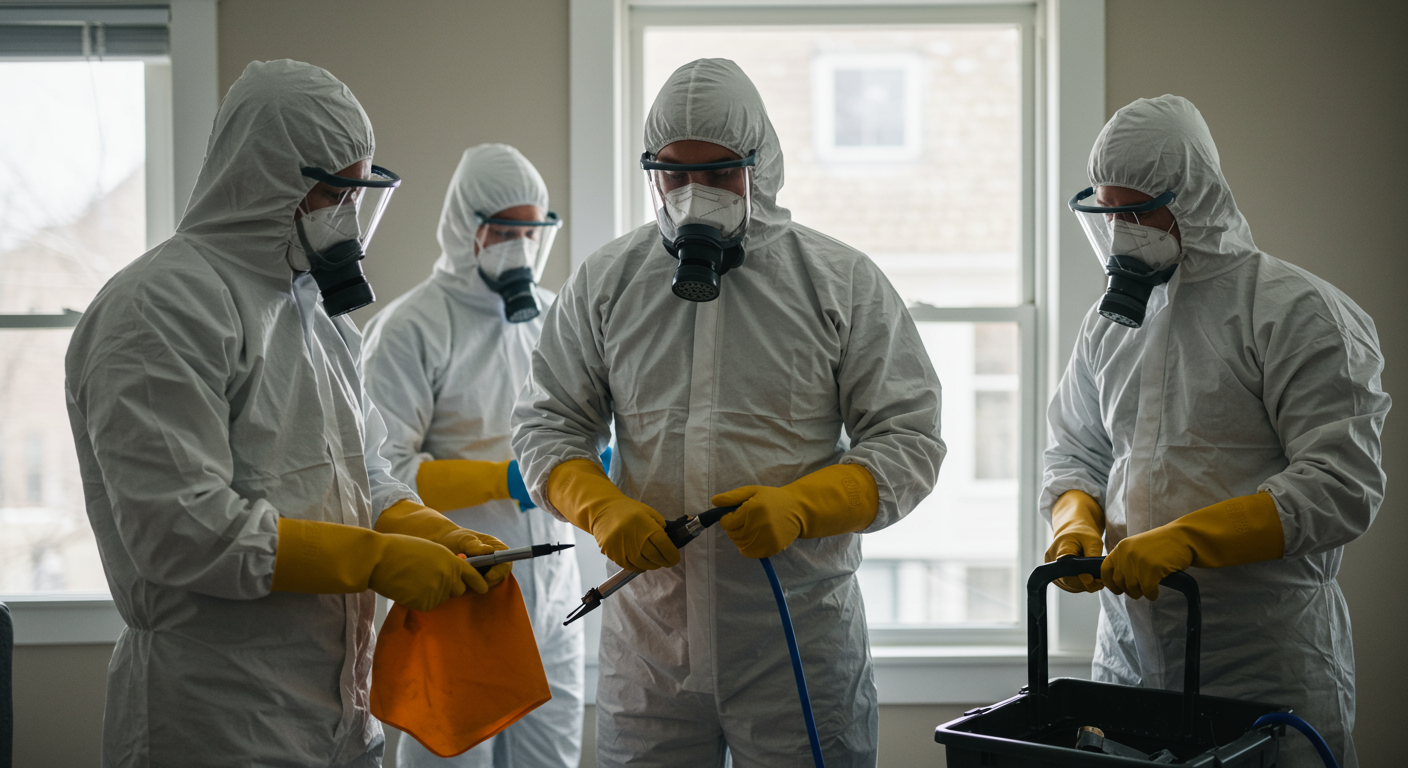 A team of trained professionals in protective gear, carefully cleaning a residential space. The focus is on their meticulous work, showcasing the tools and equipment used in biohazard remediation.