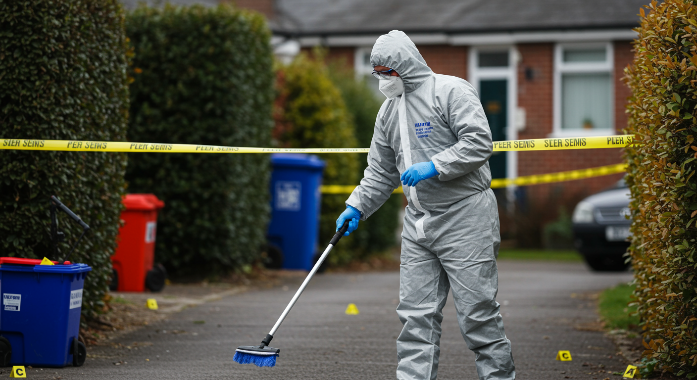 A uniformed technician carefully cleaning a crime scene, wearing protective gear and focused on the task at hand. The background shows a residential area, emphasizing the sensitivity of the situation.