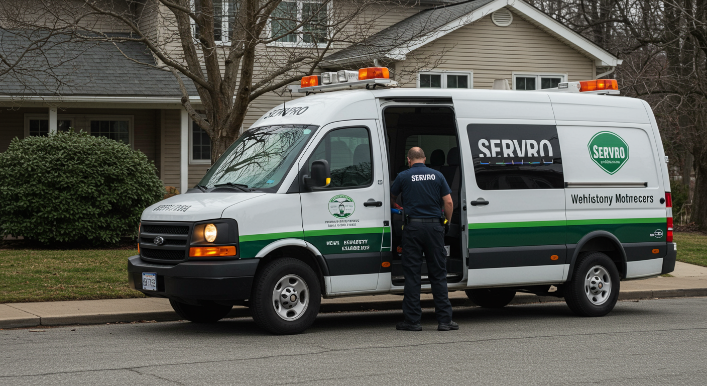 A SERVPRO van parked outside a home with a technician preparing to enter. The scene captures the urgency of an emergency response while showcasing the branded vehicle.