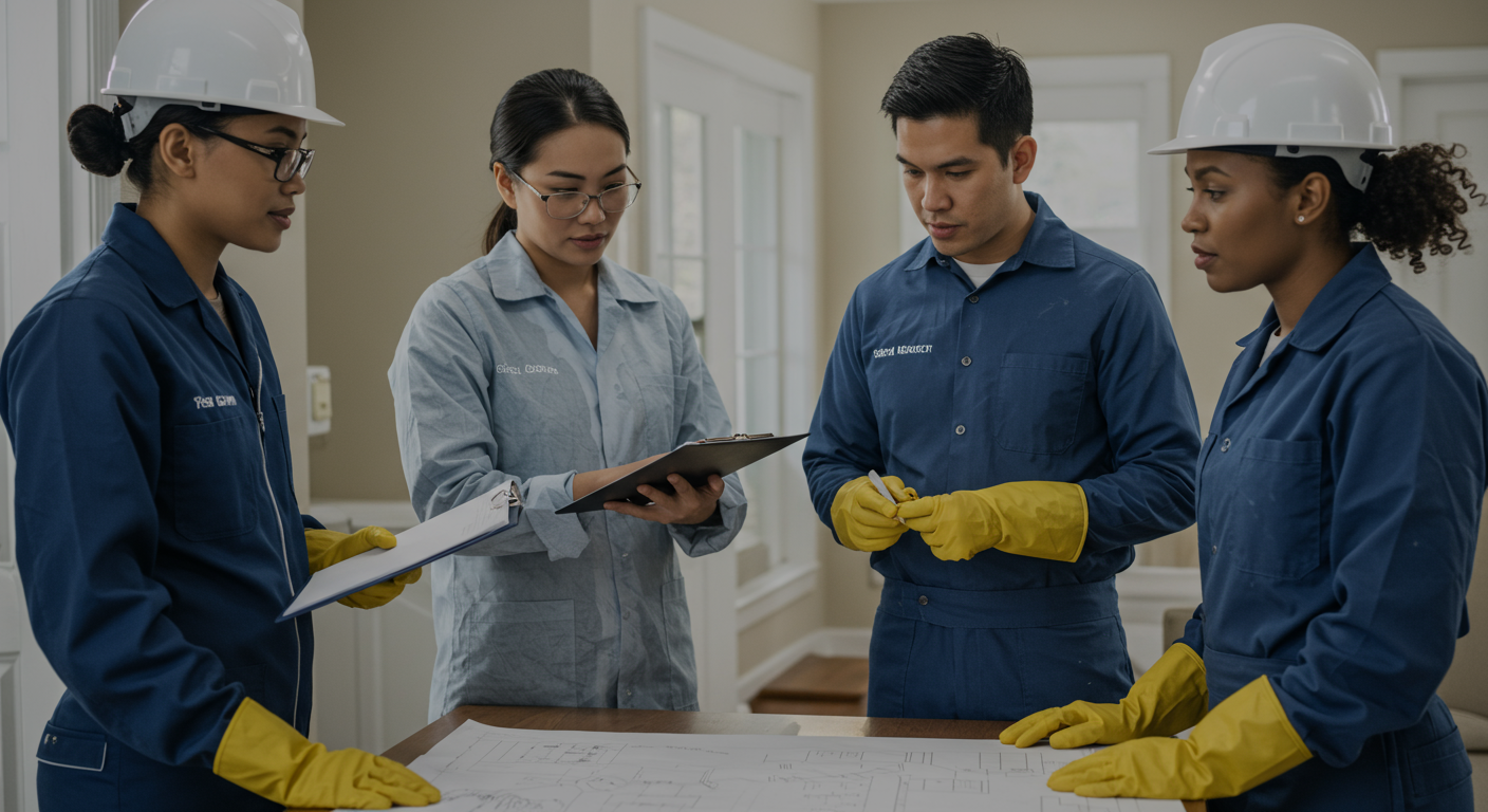 A diverse team of cleanup professionals discussing a cleanup plan in a home, showcasing teamwork and collaboration.
