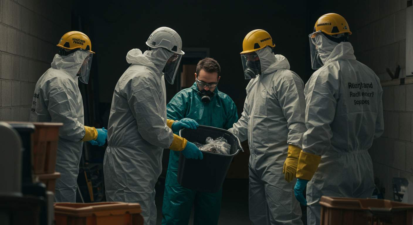 An action shot of a biohazard cleanup team working together to remove hazardous materials from a site. The image captures teamwork and the urgency of the cleanup process, with visible safety protocols in place.