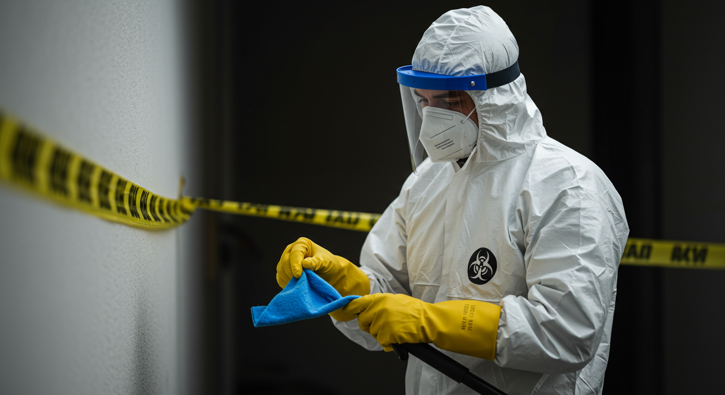 A professional biohazard cleanup technician in full protective gear meticulously cleaning a trauma scene. The focus is on the technician's careful actions, highlighting the importance of safety and professionalism.