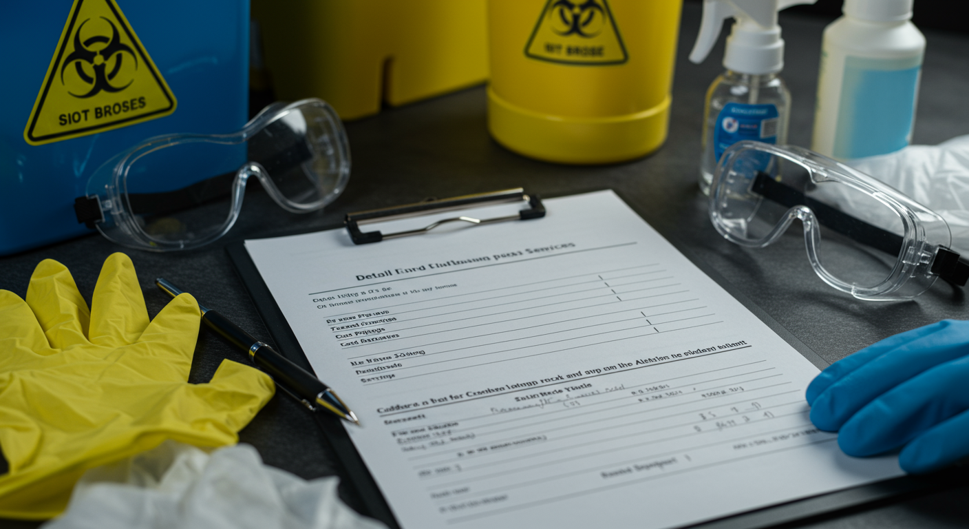 A close-up of a clipboard with a detailed cost breakdown for biohazard cleanup services, surrounded by cleaning equipment.