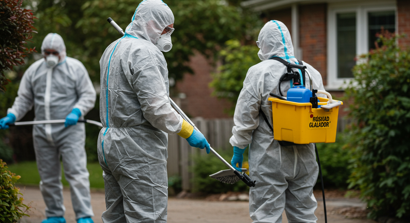 A professional biohazard cleanup team wearing protective gear is actively cleaning a residential area. The scene captures the seriousness of the task, showcasing the equipment and safety measures in place.