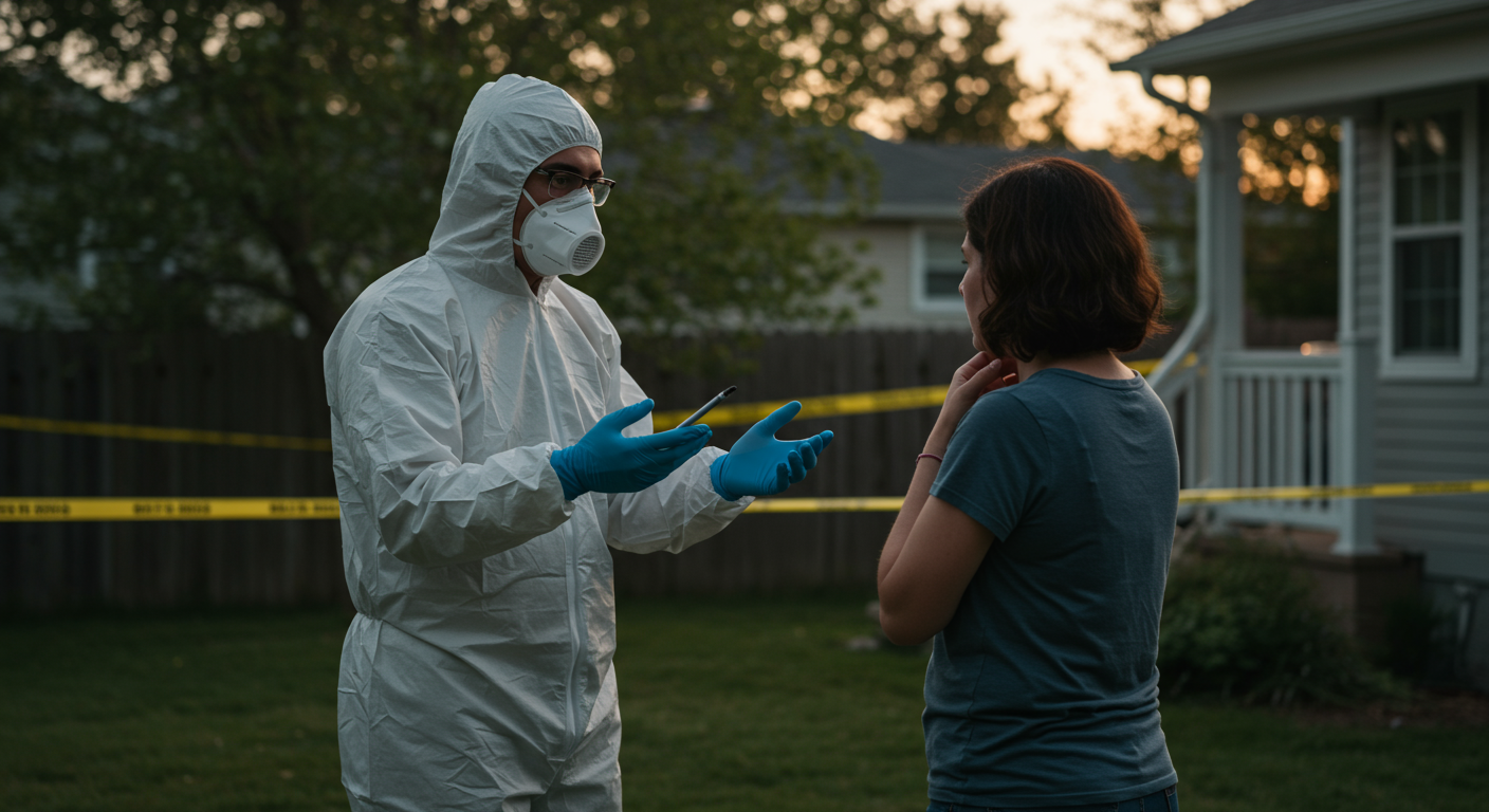 A biohazard cleanup professional gently speaking with a family member at a crime scene, showcasing the compassionate side of their service.