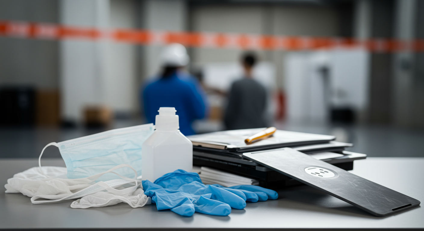 A close-up shot of biohazard cleanup equipment laid out neatly, including gloves, masks, and cleaning supplies. The background features a blurred image of a cleanup site, emphasizing the importance of safety measures in biohazard situations.